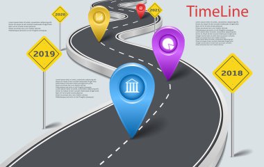 Infographic araba yol zaman çizelgesi işaretçilerle vektör