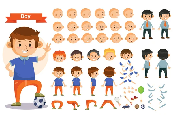 Niño jugando fútbol y juguetes vector dibujos animados niño personaje constructor aislado cuerpo partes iconos — Vector de stock