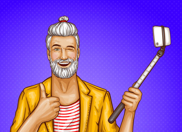 Vector old man with selfiestick and smartphone