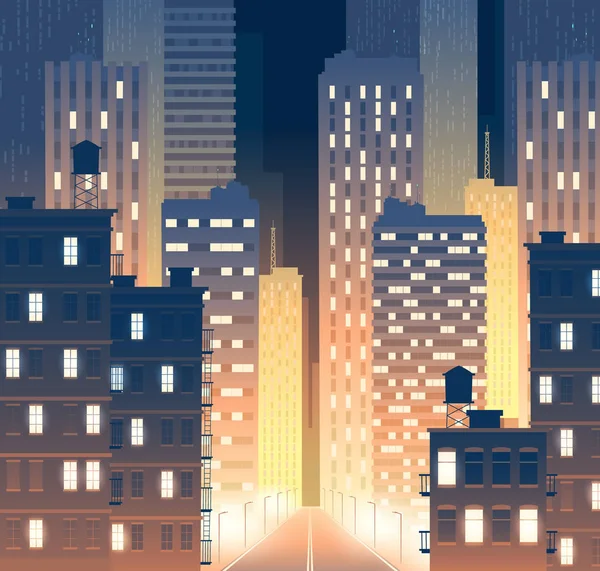 Vector avenue, street with buildings at night — Stock Vector