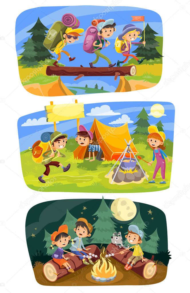 Kids summer camping vector concept illustration