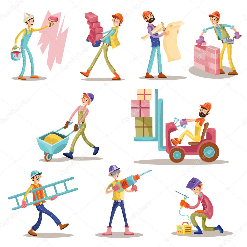 Construction builders or workers men vector cartoon funny building profession characters isolated icons set