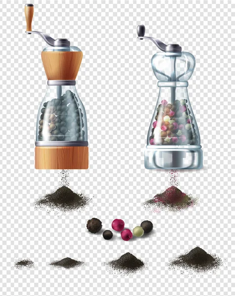 Clipart vectorial con molinos de pimienta y granos de pimienta — Vector de stock