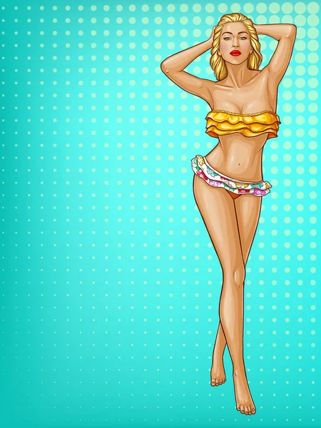 Vecteur pop art femme se tient en maillot de bain — Image vectorielle