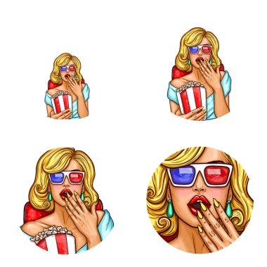 Vektör pop sanat avatar, simge PIN 3d gözlüklerin içinde sinema ile patlamış mısır, seksi kız, soda. Sohbet, blog için logo