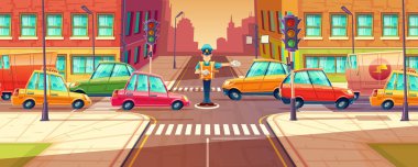 Vector illustration of adjusting city crossroads in rush hour, traffic jam, transport moving, vehicles by crossing guard clipart