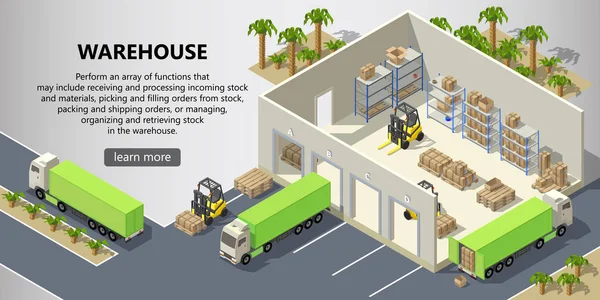 Vector isometric warehouse, delivery service — Stock Vector