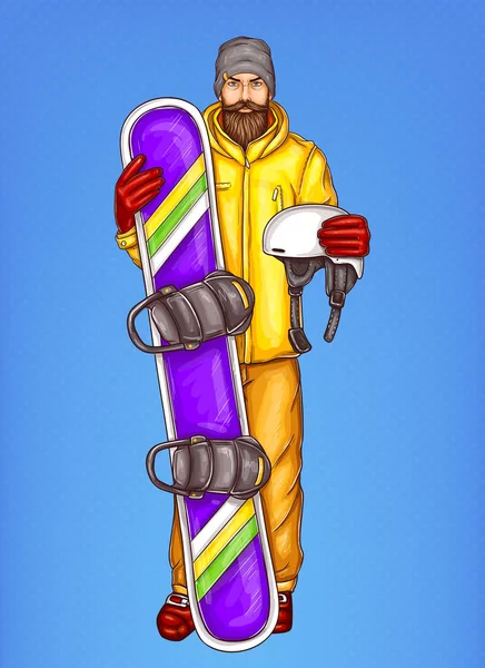 Vector pop arte barbudo hombre con snowboard — Vector de stock