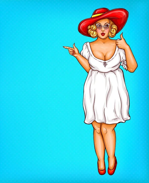 Διάνυσμα Χοντρός, Παχύσαρκος pin ξανθιά γυναίκα με καπέλο, pop art συν μέγεθος μοντέλο σε λευκό φόρεμα που δείχνει ένα δάχτυλο σε εκπτώσεις, πώληση — Διανυσματικό Αρχείο