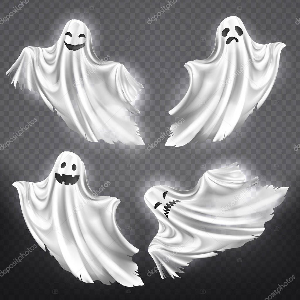 Vector set of white ghosts, Halloween monsters