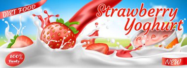 Vektör yoğurt reklamları için gerçekçi renkli afiş. Beyaz süt kırmızı çilek sıçramalarına, Plastik Konteyner ile yoğurt ve meyve parçaları. Doğal süt ürünleri, diyet sağlıklı gıda kahvaltı için