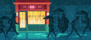 Vektör arka plan ile yağmur gece Cafe