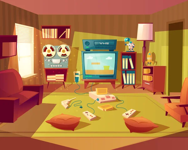 Векторний мультфільм ретро-кімната з відеоіграми — стоковий вектор