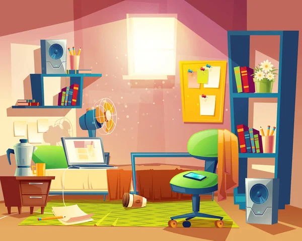 Vector habitación pequeña, dormitorio de dibujos animados con muebles — Vector de stock