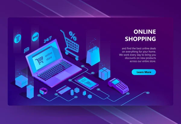 Vektor 3d isometrische E-Commerce-Website, Online-Shop — Stockvektor