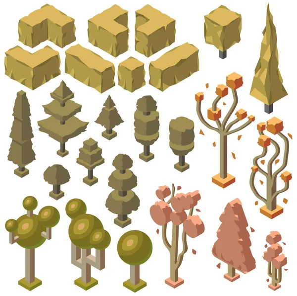 Vektorové 3d izometrické podzimní rostliny, stromy, keře — Stockový vektor