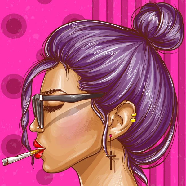 Vektor pop art hipster gadis merokok - Stok Vektor