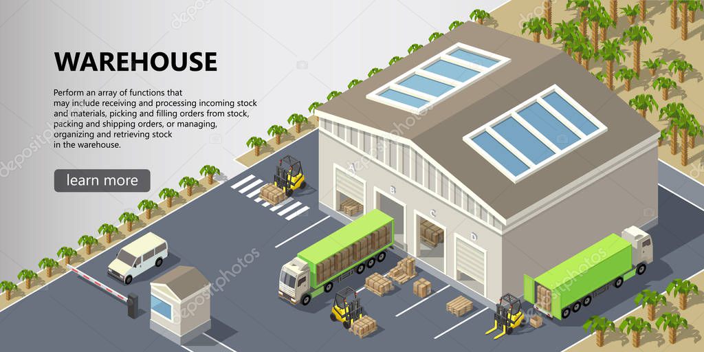 Vector isometric warehouse, delivery service