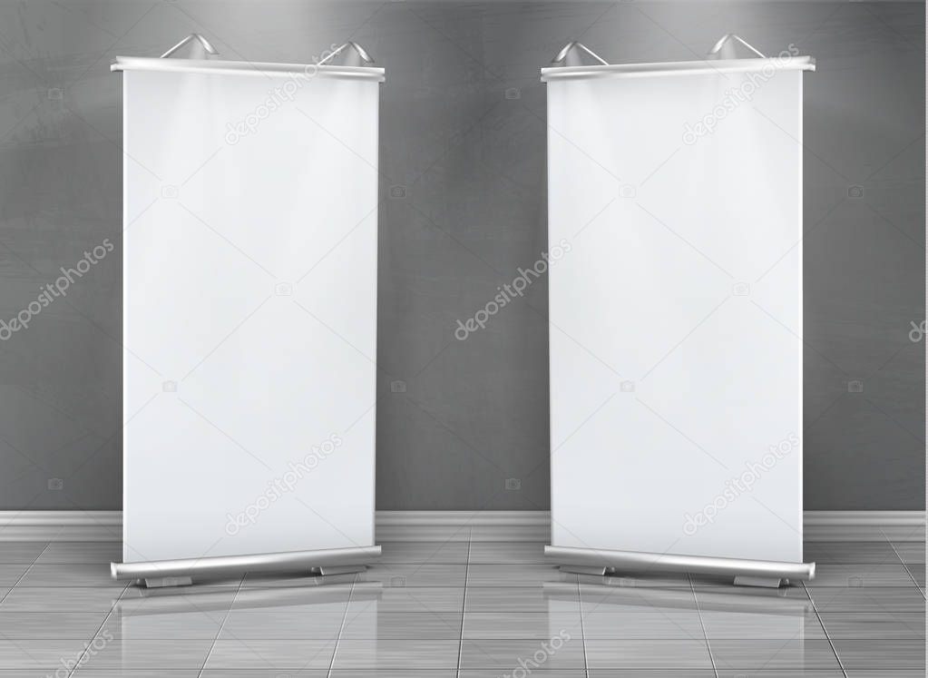 Vector blank roll up banners, vertical stands