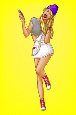 Vektör seksi kız kulaklık ile smartphone, beyaz tulum Etek Kırmızı spor ayakkabılar. Pop art sihir müziksever, sarı zemin üzerine. Reklam, Promosyon Afiş Poster. Karakter tasarımı için
