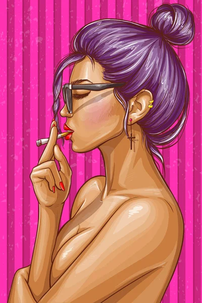 Vektor pop art telanjang hipster gadis merokok - Stok Vektor