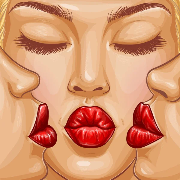Popart Meisje Gezicht Vectorillustratie Jonge Blonde Vrouwen Zoenen Rode Lippen — Stockvector