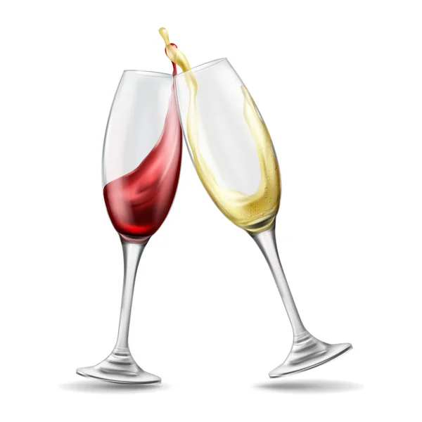 Dos copas de vino con vino tinto y blanco en brindis de celebración — Archivo Imágenes Vectoriales