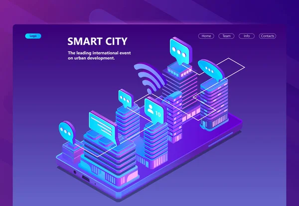 Smart Stad Vektor Webbplats Med Isometrisk Smart Megapolis Stad Violetta — Stock vektor
