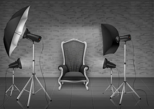 Estudio fotográfico vectorial con sillón y softboxes — Vector de stock