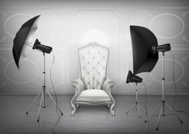 Vektör fotoğraf stüdyosu koltuk ve softboxes ile