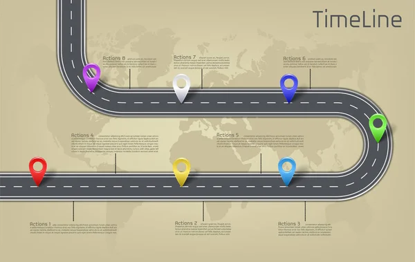 Vector infografía mapa del mundo, trazado de la línea de tiempo de la carretera — Vector de stock