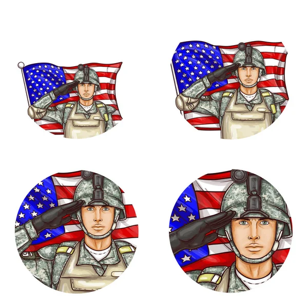 Vector us drapeau saluer soldat pop art avatar icône — Image vectorielle