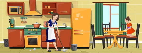 Vector mãe e menina limpeza cozinha juntos —  Vetores de Stock