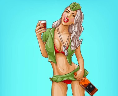 Vektör askeri kızla belirteçleri ve viski içecek