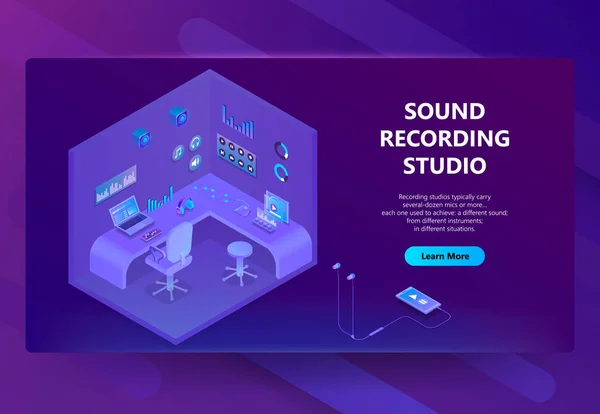 Vektor 3d isometrisk webbplats för ljud inspelningsstudio — Stock vektor