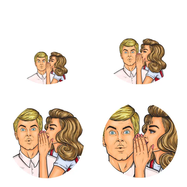 Пользователь социальной сети Vector pop art аватары женщины, говорящей шепотом на ухо мужчине. Профиль ретро-скейтча — стоковый вектор