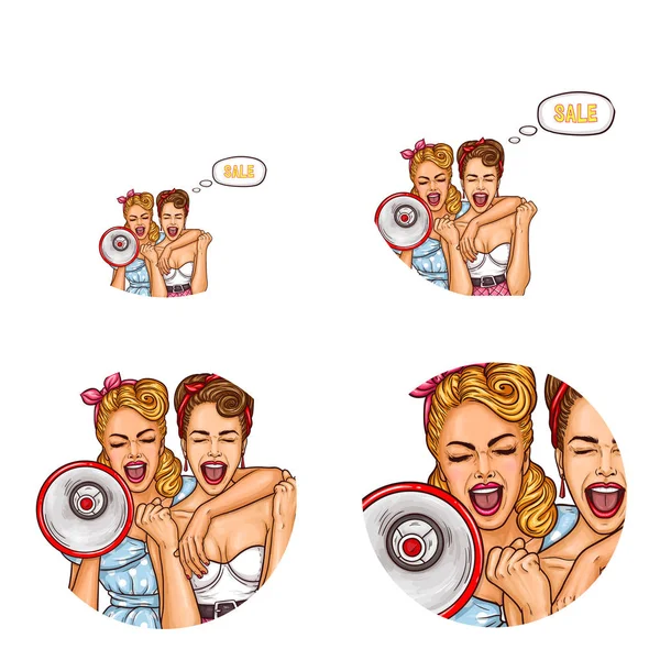 Vector exited about sale girls pop art avatar icon Vector Graphics