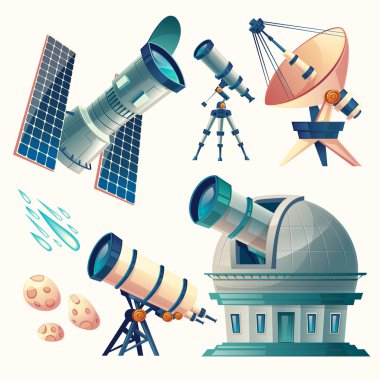 Vektör karikatür astronomi ayarlayın. Astronomik teleskop - radyo, orbital