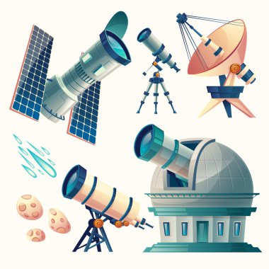 Vector cartoon astronomy set. Astronomical telescopes - radio, orbital clipart