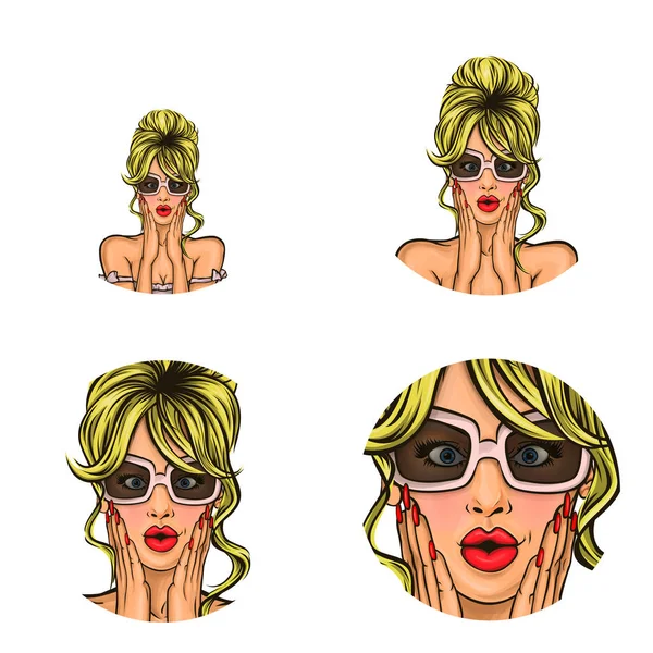 Vector pop art avatar de chica pin up sorprendido en gafas tomados de la mano en shock para anunciar las ventas. Icono para chat, blog — Archivo Imágenes Vectoriales