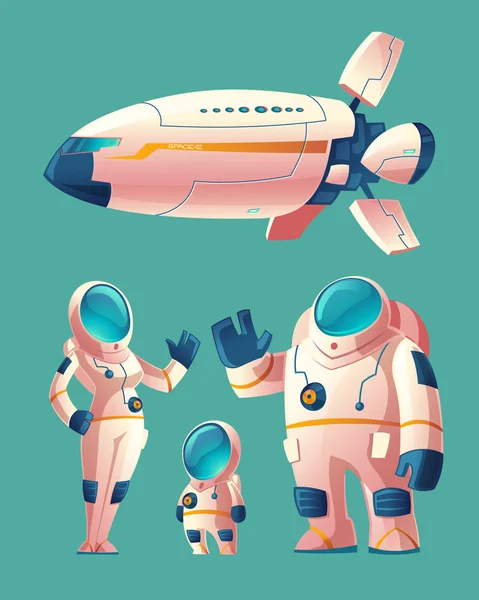 Vector spaceman familie in ruimtepak met ruimteschip — Stockvector