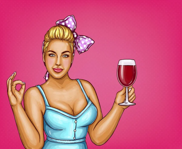 Vector blond överviktig kvinna håller glas vin — Stock vektor