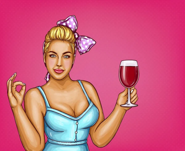 Vector mujer rubia con sobrepeso sostiene vaso de vino — Archivo Imágenes Vectoriales