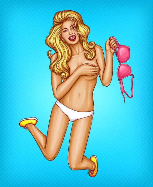 Vector pop arte desnuda chica rubia salta — Vector de stock