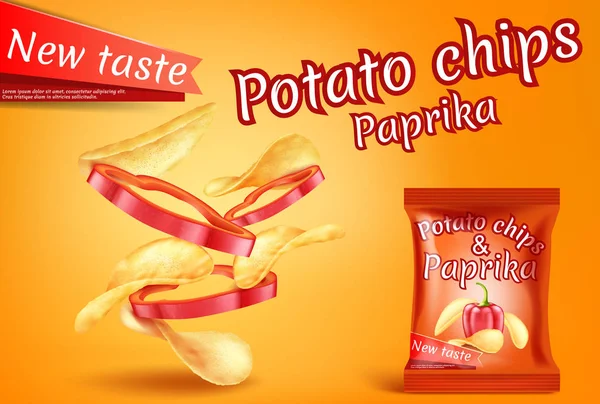 Vector realistische potato chips, paprika segmenten banner — Stockvector