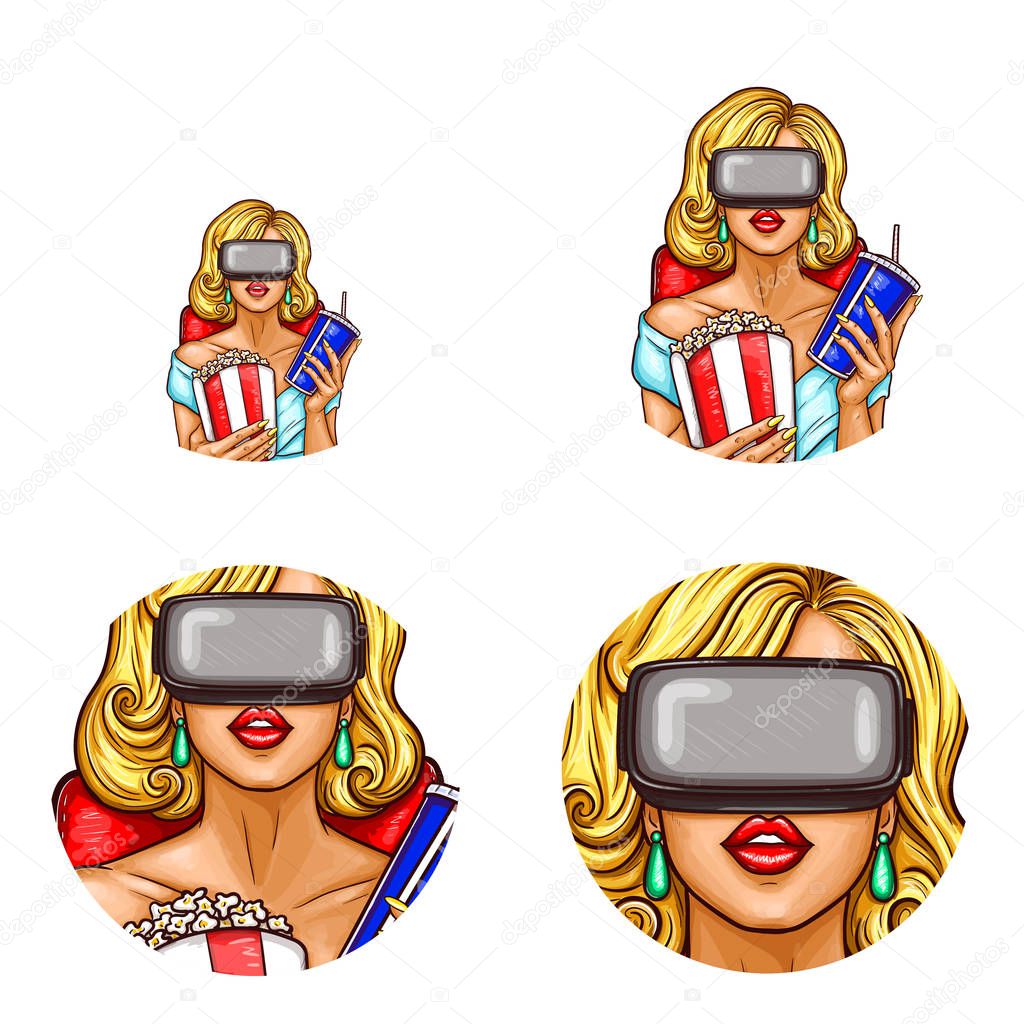 Vector pop art avatar, icon of pin up sexy girl in glasses of virtual reality with popcorn, soda. Cinema, 3d, VR,concept