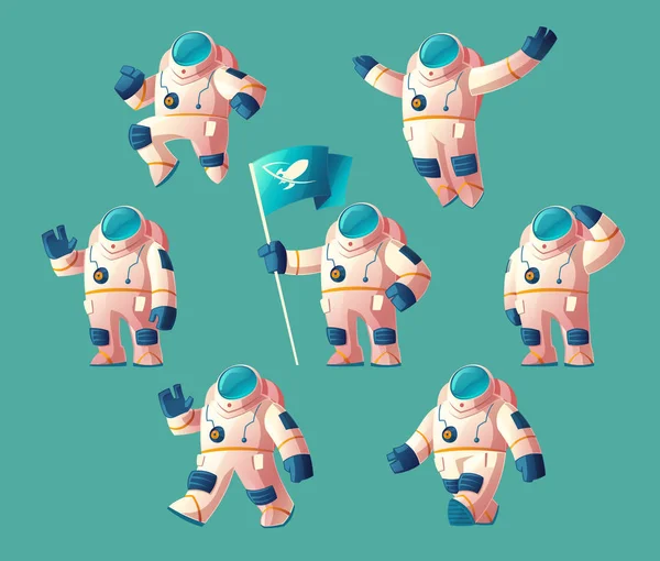 Vector set cartoon spaceman, kosmonaut verplaatsen — Stockvector