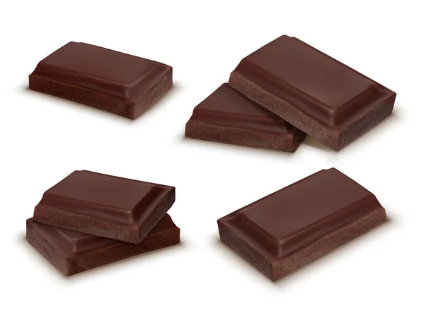 Barres de chocolat noir réalistes vectorielles 3d, morceaux — Image vectorielle