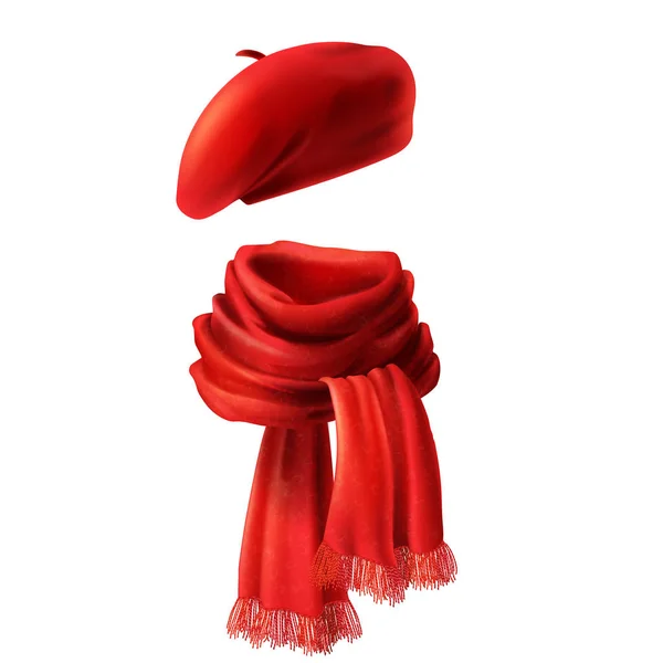 Vector 3d realistic red scarf and beret — Stock Vector