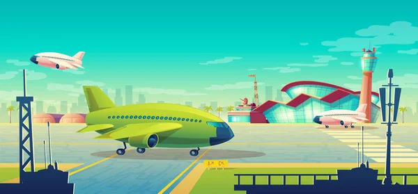 Ilustración de dibujos animados vectoriales, avión de pasajeros verde en pista — Vector de stock